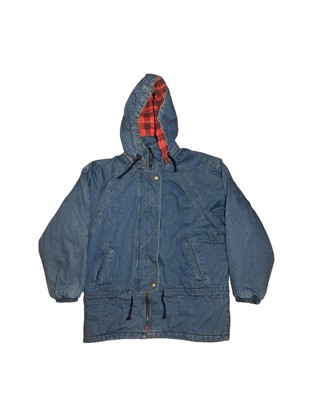 Vintage London Towne Denim Hooded Jacket Plaid Lined Large 90s Workwear